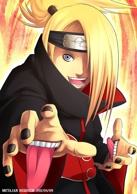 akatsuki_(naruto), blonde_hair, blue_eyes, dated, deidara, extra_mouth, finger_to_mouth, forehead_protector