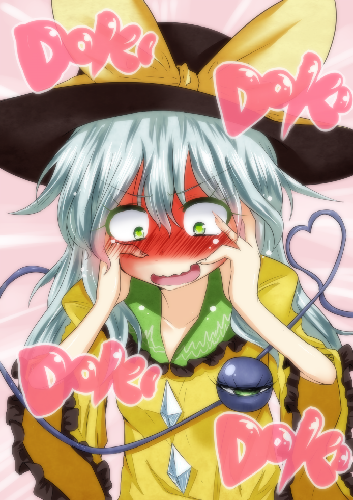 blush, bow, embarrassed, green_eyes, hands_on_own_cheek, hands_on_own_cheeks, hands_on_own_face, hat