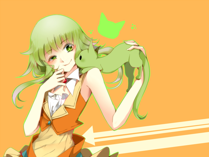 bad_id, bare_shoulders, cat, green_eyes, green_hair, gumi, izusetsu, short_hair