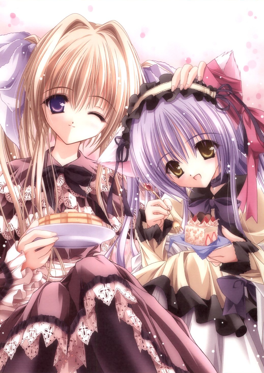 animal_ears, blonde_hair, cafe_little_wish, cake, cat_ears, dessert, dress, food