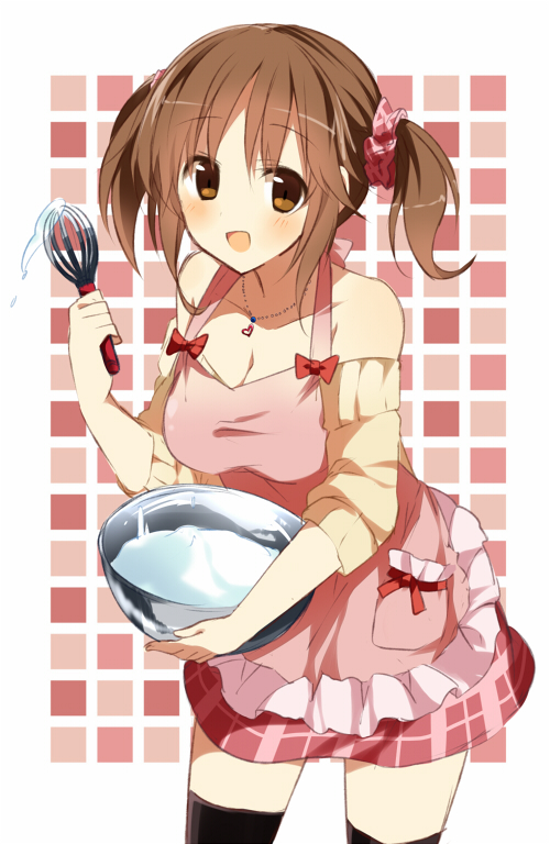 :d, apron, bare_shoulders, bow, bowl, breasts, brown_eyes, brown_hair