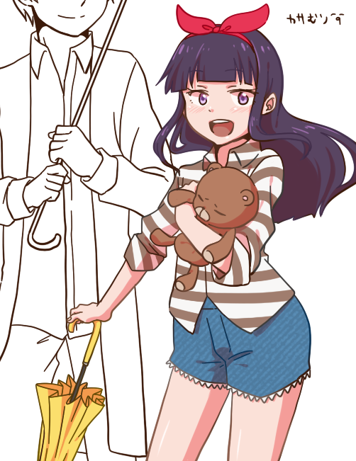 1girl, black_hair, casual, daisy_(working!!), hairband, long_hair, purple_eyes, sleeves_rolled_up