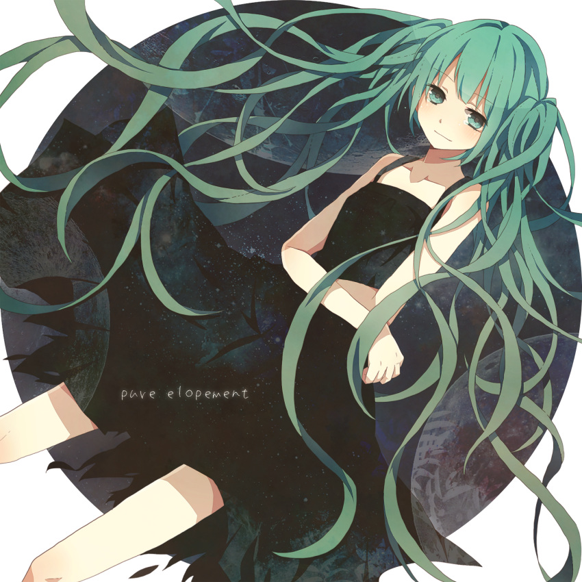 bad_id, black_dress, dress, english, green_eyes, green_hair, hatsune_miku, highres, long_hair, looking_at_viewer, nigoru, sleeveless, sleeveless_dress, smile, solo, tears, twintails, very_long_hair, vocaloid