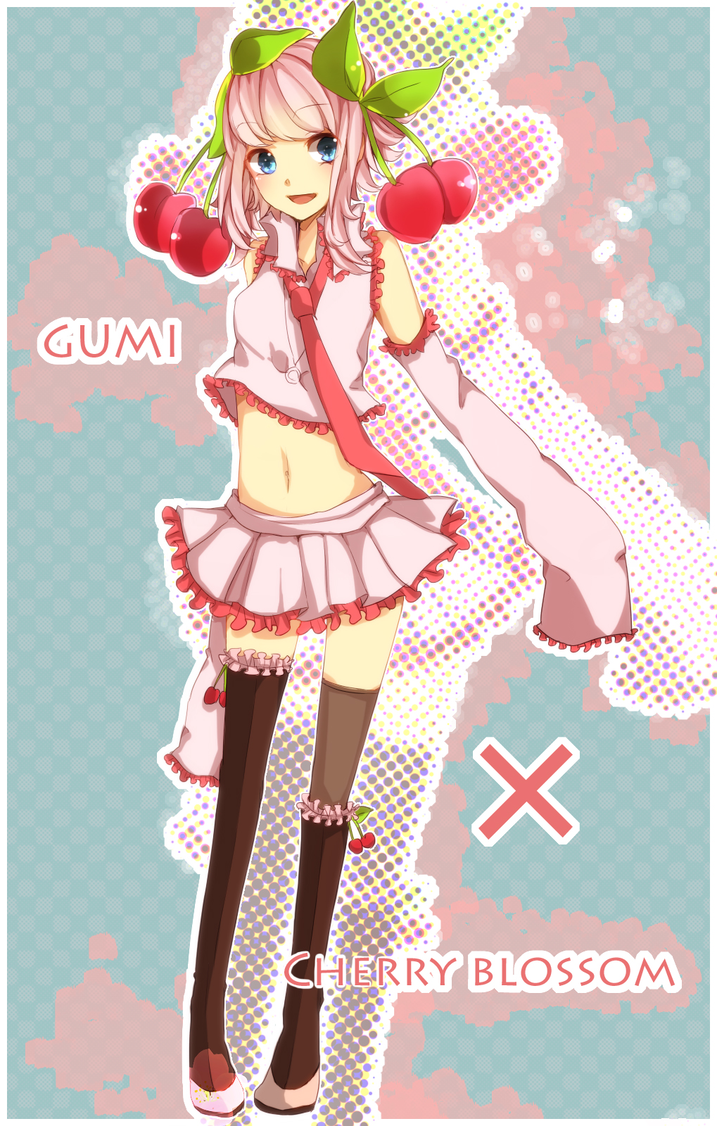 alternate_color, alternate_hair_color, blue_eyes, character_name, cherry, cosplay, crop_top, detached_sleeves