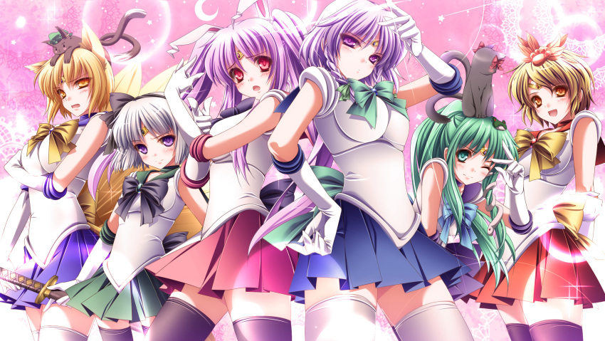 alternate_costume, alternate_hairstyle, animal_on_head, bishoujo_senshi_sailor_moon, black_legwear, blonde_hair, blush, breasts