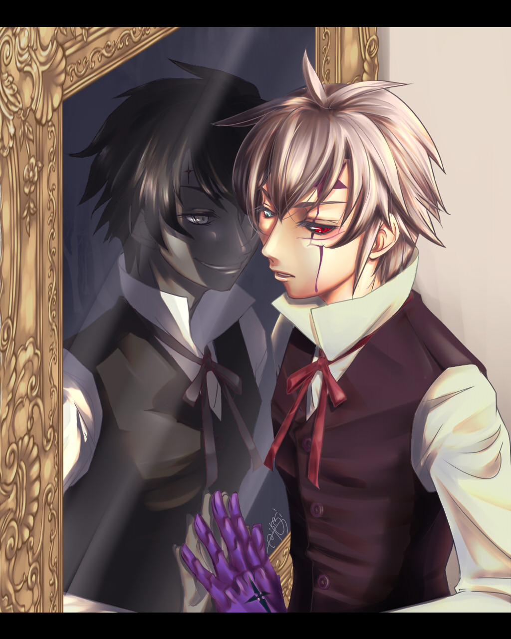 14th, allen_walker, bad_id, d.gray-man, different_reflection, dual_persona, facial_markings, grey_eyes, grey_hair, heterochromia, highres, male, nea_walker, neah, red_eyes, reflection, scar, smile, solo, star, tyacky, vest