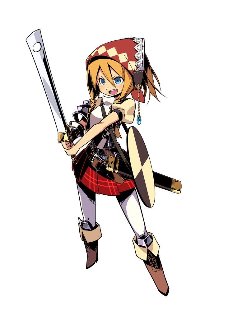 1girl, armor, bandana, bandanna, belt, blonde_hair, blue_eyes, braid, fighting_stance, gem, head_scarf, himukai_yuuji, official_art, open_mouth, pantyhose, scabbard, sekaiju_no_meikyuu, sekaiju_no_meikyuu_4, sheath, shield, simple_background, skirt, standing, sword, swordsman_(sekaiju_4), weapon, white_background, white_legwear