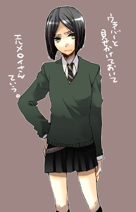 bangs, black_hair, bob_cut, fate/zero, fate_(series), green_eyes, hand_on_hip, hips