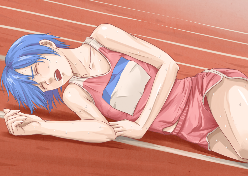 blue_hair, closed_eyes, eyes_closed, gym_uniform, lying, on_side, open_mouth, original
