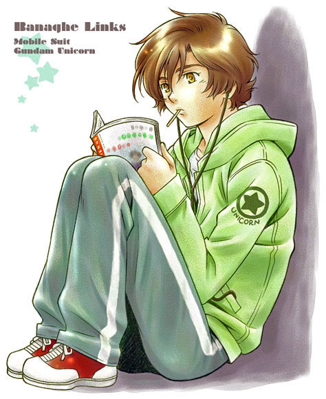 banagher_links, brown_eyes, brown_hair, candy, earphones, gundam, gundam_unicorn, hoodie