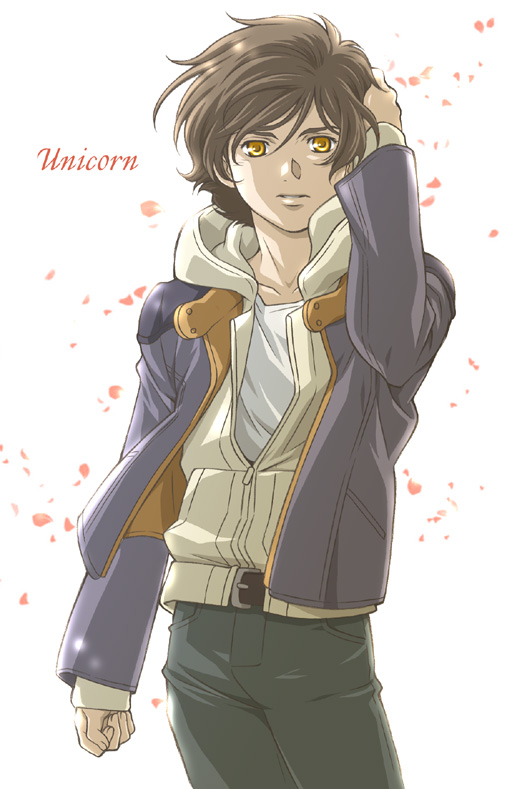 banagher_links, brown_eyes, brown_hair, gundam, gundam_unicorn, hand_in_hair, hoodie, jacket