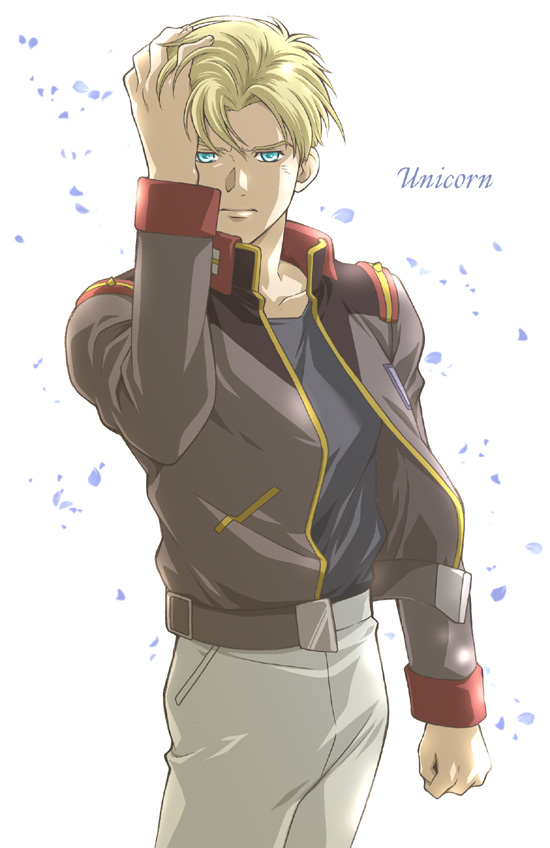 blonde_hair, blue_eyes, gundam, gundam_unicorn, hand_in_hair, jacket, male, military
