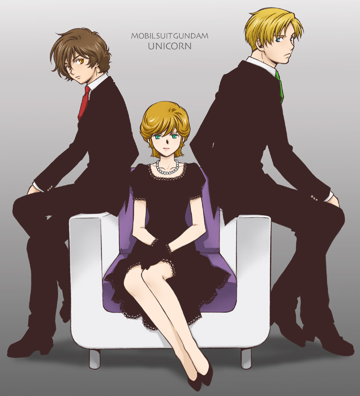 2boys, audrey_burne, banagher_links, black_gloves, blonde_hair, blue_eyes, brown_eyes, brown_hair
