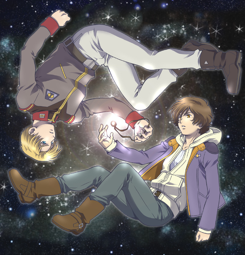 banagher_links, blonde_hair, blue_eyes, brown_eyes, brown_hair, floating, gundam, gundam_unicorn