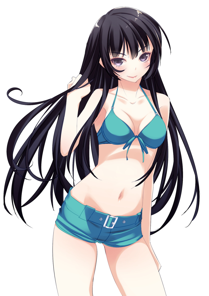 belly, belt, bikini, black_eyes, black_hair, blue_bra, boku_wa_tomodachi_ga_sukunai, bra