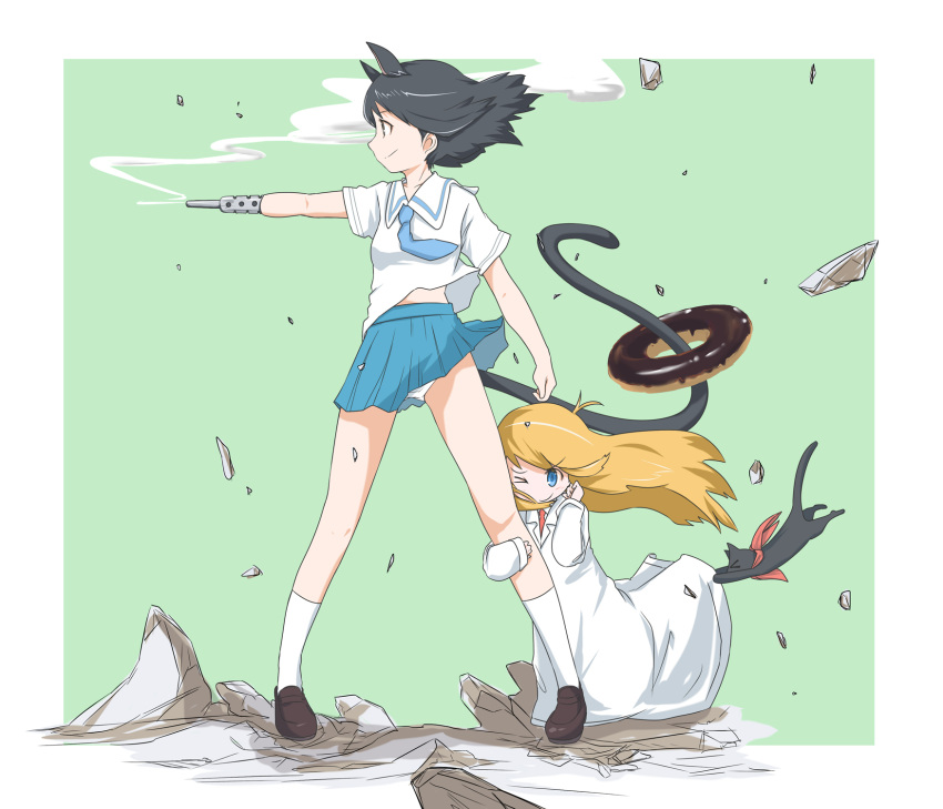 android, animal, animal_ears, arm_cannon, black_cat, black_eyes, black_hair, cat