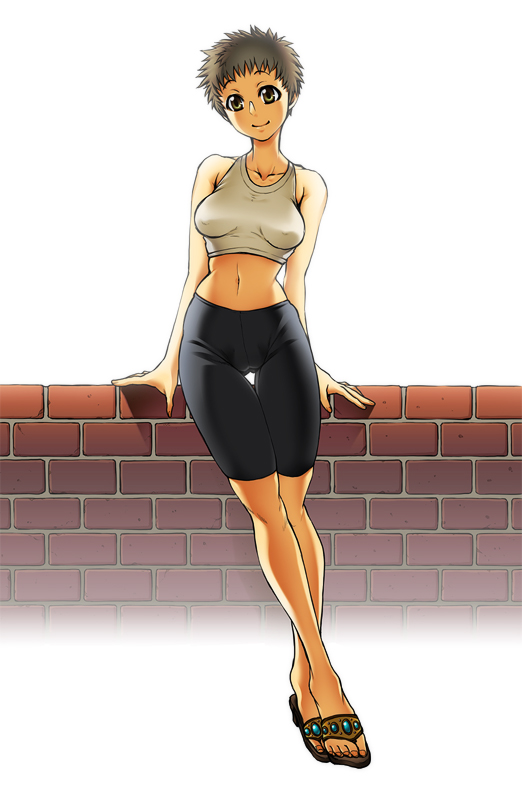 against_wall, bare_shoulders, barefoot_sandals, bike_shorts, breasts, brown_hair, crossed_legs_(standing), green_eyes, joka_(hiwai), midriff, navel, original, sandals, short_hair, slender_waist, smile, solo, tank_top, thigh_gap, thighs