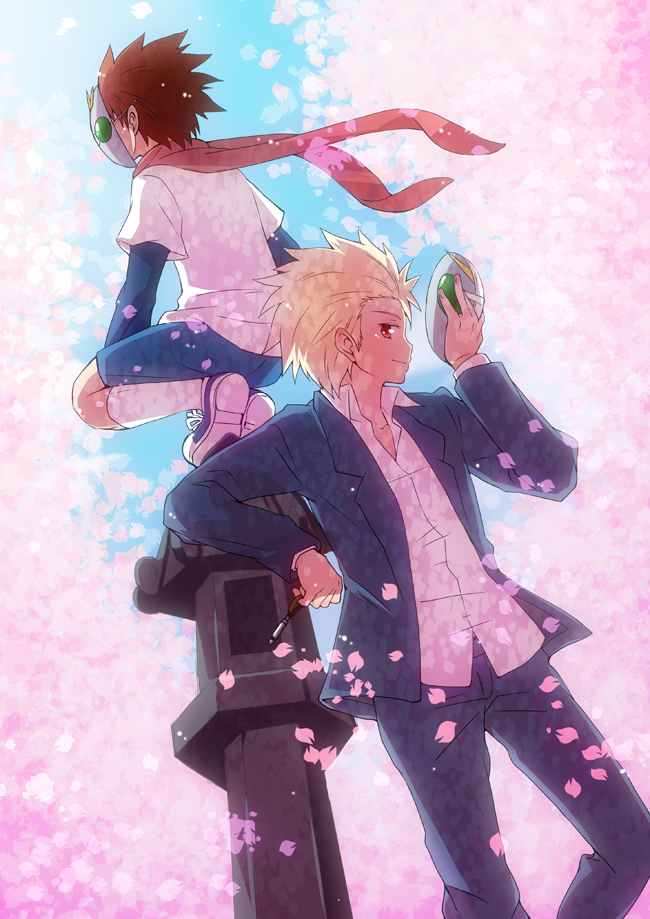 brown_eyes, brown_hair, cherry_blossoms, danshi_koukousei_no_nichijou, dual_persona, hamu, mask, nika_(intention)