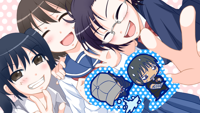 baseball_cap, blush, brown_eyes, brown_hair, danshi_koukousei_no_nichijou, gakuran, glasses, habara_(danshi_koukousei), hair_ornament, hairclip, hat, ikushima_(danshi_koukousei), karasawa_toshiyuki, matsumoto_takahiro, money, multiple_girls, school_uniform, serafuku, short_hair, sweat, takahiro_matsumoto, totomachi, vomiting, yanagin_(danshi_koukousei)