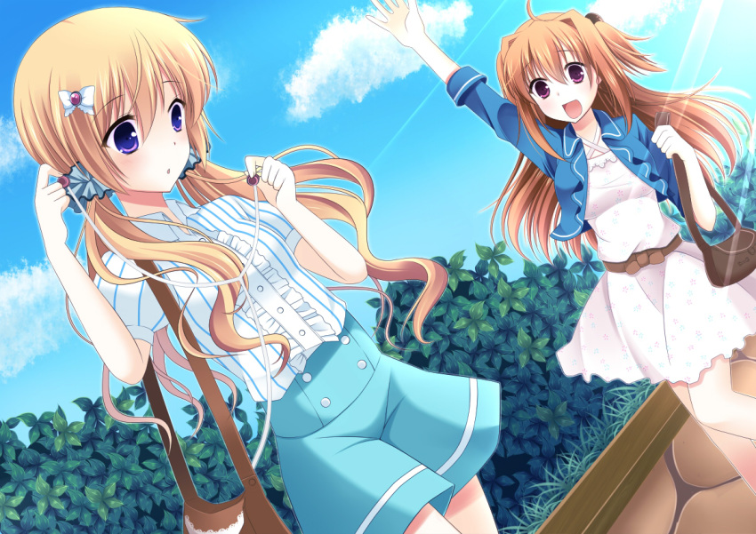 agekichi_(heart_shape), bag, brown_hair, cassini_m_bisuko, earbuds, kuu_(agekichi), long_hair, multiple_girls