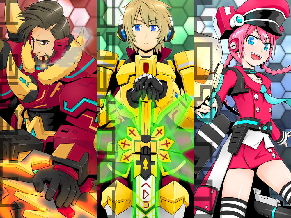 beard, blue_eyes, brown_hair, cigar, cosmic_break, dracken, dracken_(character), facial_hair, gun, hat, icy, icy_(character), lio, lio_(character), lios_(character), pink_hair, red_eyes, scar, sword, tobacco, ushimado, weapon