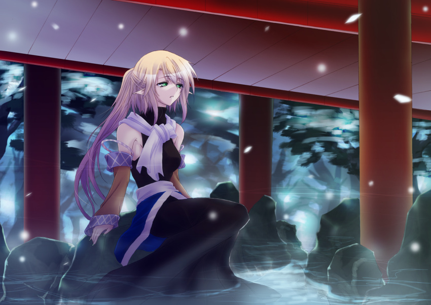 alternate_costume, alternate_hair_length, alternate_hairstyle, black_dress, blonde_hair, detached_sleeves, dress, green_eyes