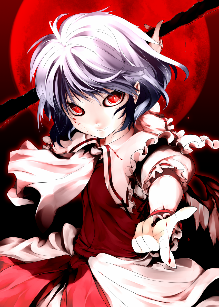 arm_up, ascot, blood, blood_on_face, bloody_clothes, blue_hair, chikado, colored