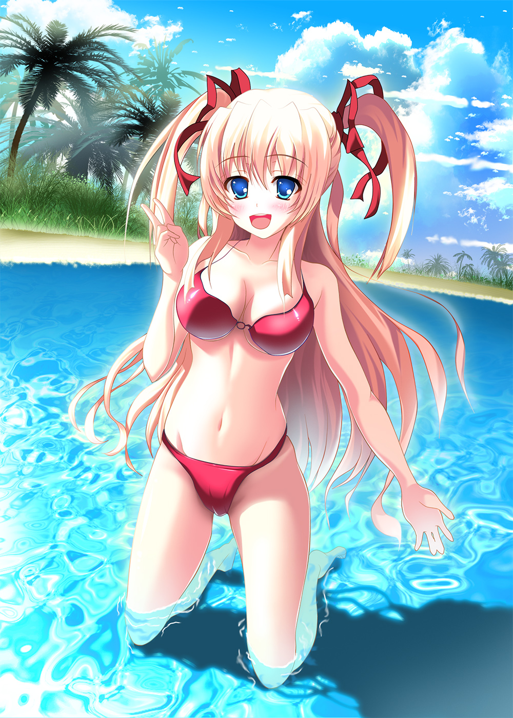 beach, bikini, blonde_hair, blue_eyes, highres, kneeling, long_hair, original
