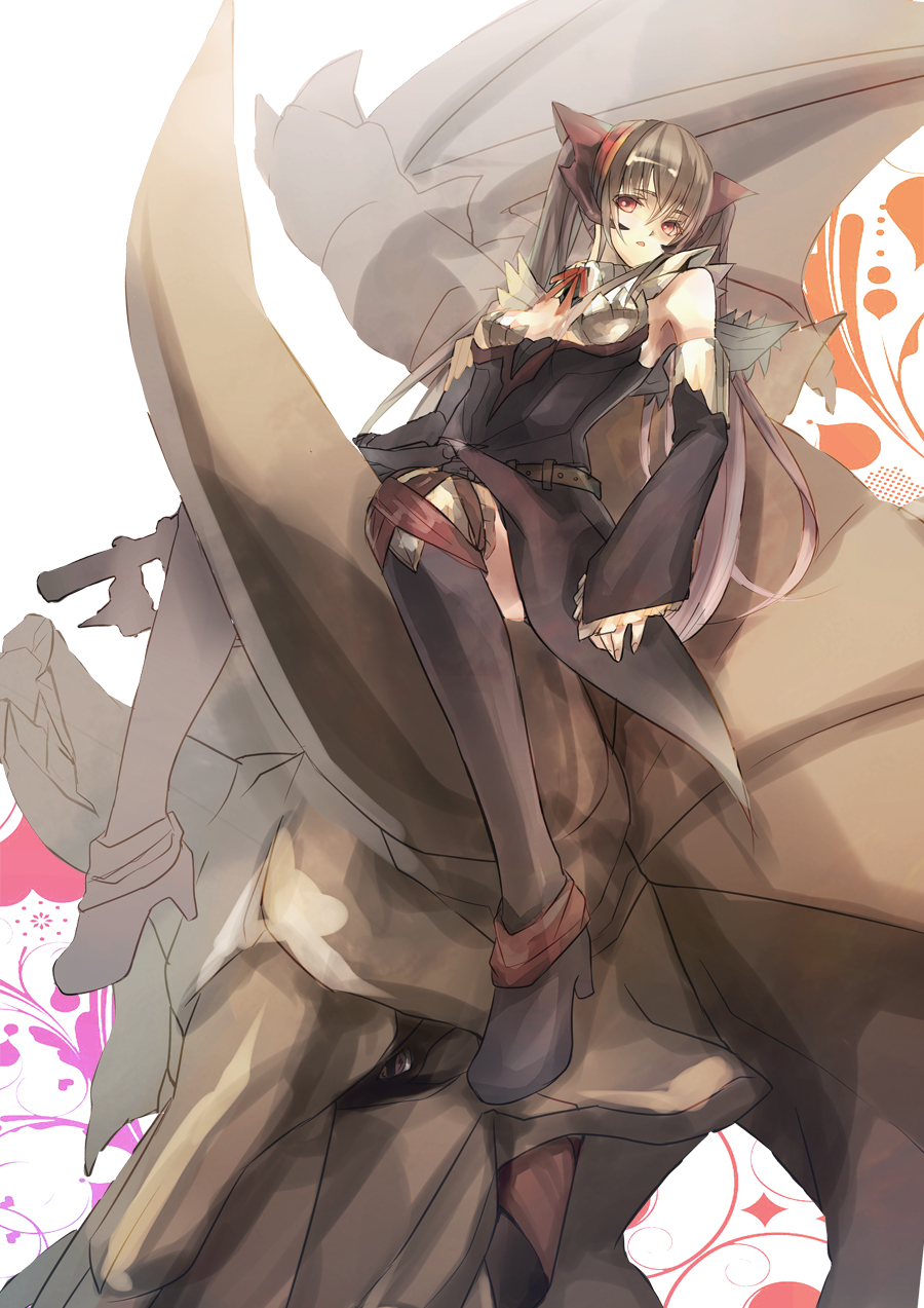 alatreon_(armor), bare_shoulders, brown_hair, diablos, gigginox_(armor), highres, horns, long_hair, monster_hunter, monster_hunter_portable_3rd, nakadai_chiaki, red_eyes, sitting, twintails