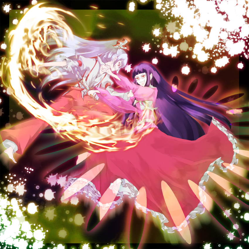 :d, battle, bow, branch, danmaku, dress, fire, frilled_dress