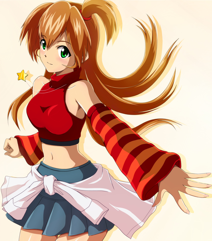 artist_request, bare_shoulders, blush, breasts, brown_hair, detached_sleeves, green_hair, halter_top