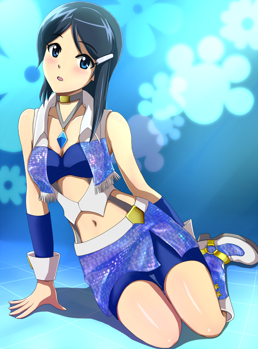 :o, bandeau, bare_shoulders, bike_shorts, blue_eyes, blue_hair, blush, boots