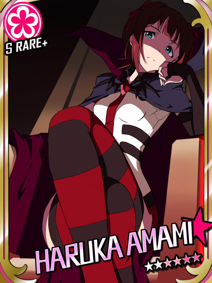 amami_haruka, brown_hair, cape, character_name, cinderella_girls_card_parody, crossed_legs, dark_haruka, dark_persona, elbow_gloves, fingerless_gloves, flower, gloves, green_eyes, hair_ribbon, harustein, idolmaster, idolmaster_cinderella_girls, legs_crossed, mujin_gattai_kisaragi, necktie, parody, ribbon, shaded_face, short_hair, shotarou, sitting, solo, star, striped, striped_legwear, thigh-highs, thighhighs, throne