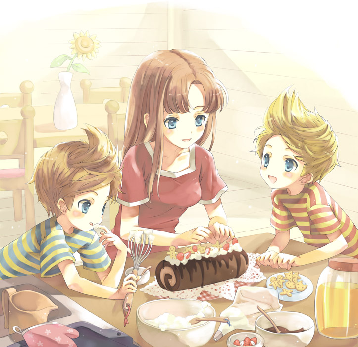 2boys, age_difference, blonde_hair, blue_eyes, blush, brothers, brown_hair, cake