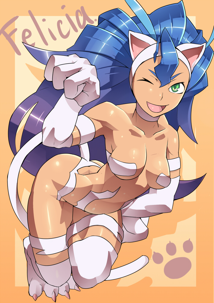 ;d, animal_ears, blue_hair, breasts, cat_ears, character_name, choker, felicia, fur, green_eyes, harikofu, lol_(harikofu), long_hair, open_mouth, orange_background, paw_pose, paws, smile, solo, tail, vampire_(game), wink