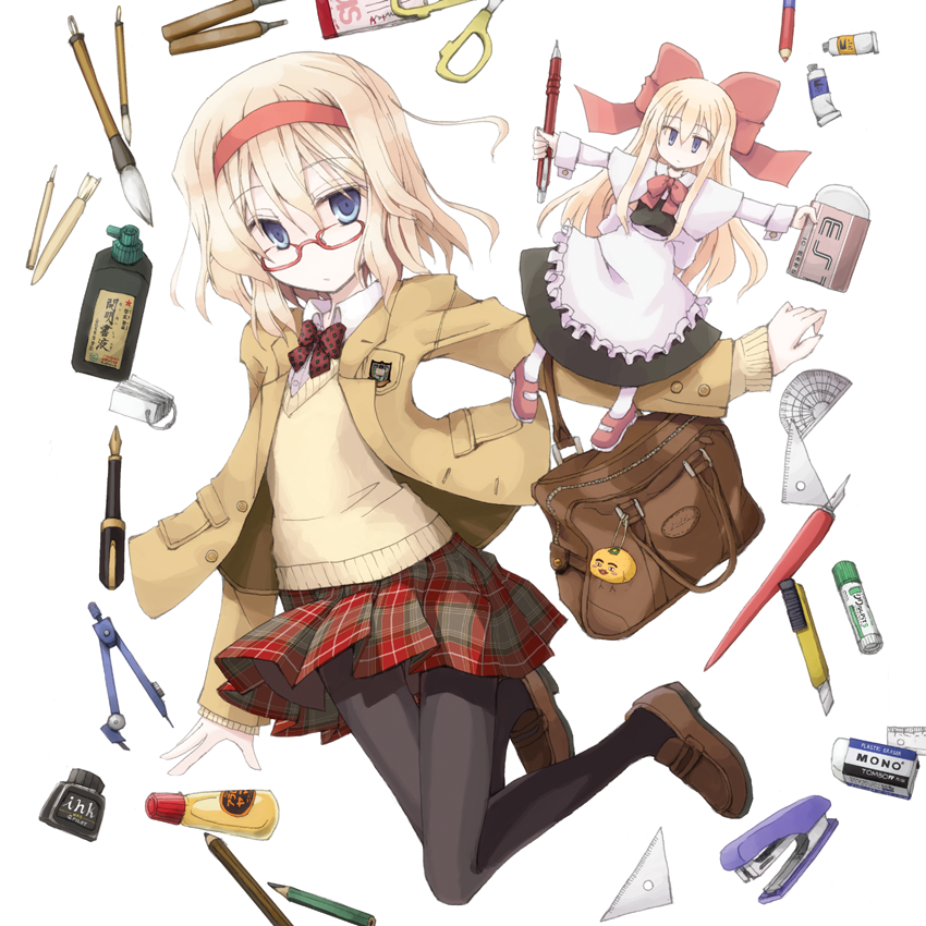 alice_margatroid, alternate_costume, bag, bespectacled, black_legwear, blonde_hair, blue_eyes, bow, boxcutter, calligraphy_brush, contemporary, eraser, glasses, hair_bow, hairband, ink_well, inkwell, mochiki, paintbrush, pantyhose, pen, pencil, plaid, plaid_skirt, ruler, school_uniform, scissors, shanghai_doll, skirt, solo, stapler, sweater, touhou