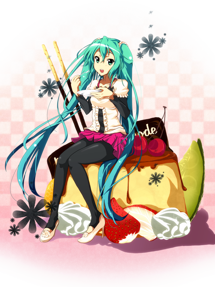aqua_eyes, aqua_hair, bad_id, checkered, checkered_background, cherry, food, fruit
