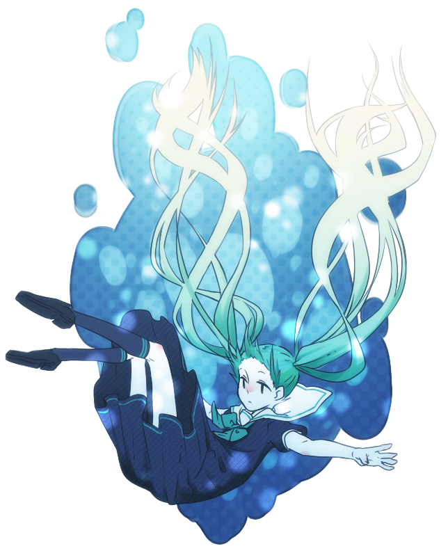 0201ymrs, falling, floating_hair, green_hair, hatsune_miku, kneehighs, long_hair, outstretched_arms, school_uniform, serafuku, solo, spread_arms, twintails, very_long_hair, vocaloid, yamarisu_(ymrs)