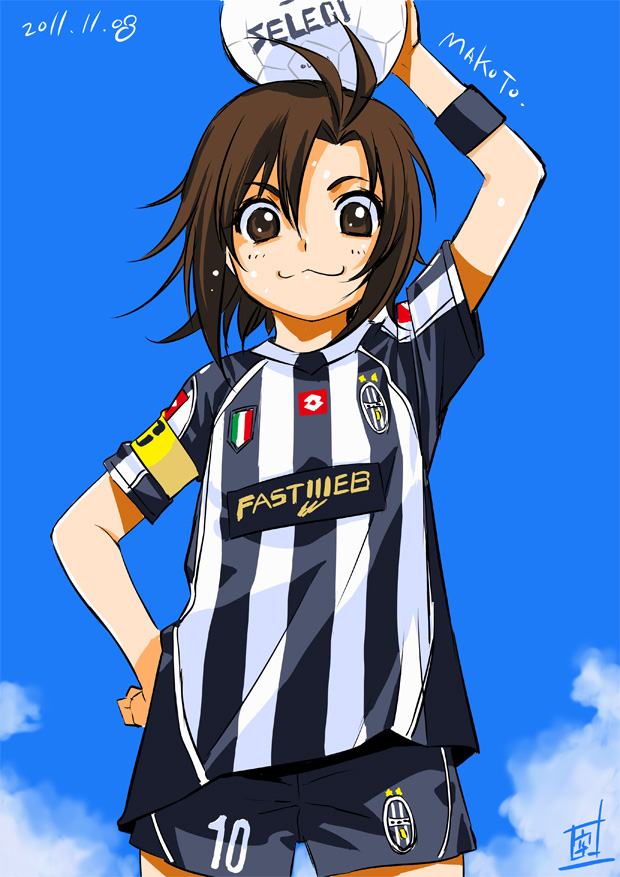 :3, antenna_hair, armband, ball, brown_eyes, brown_hair, dated, flat_chest