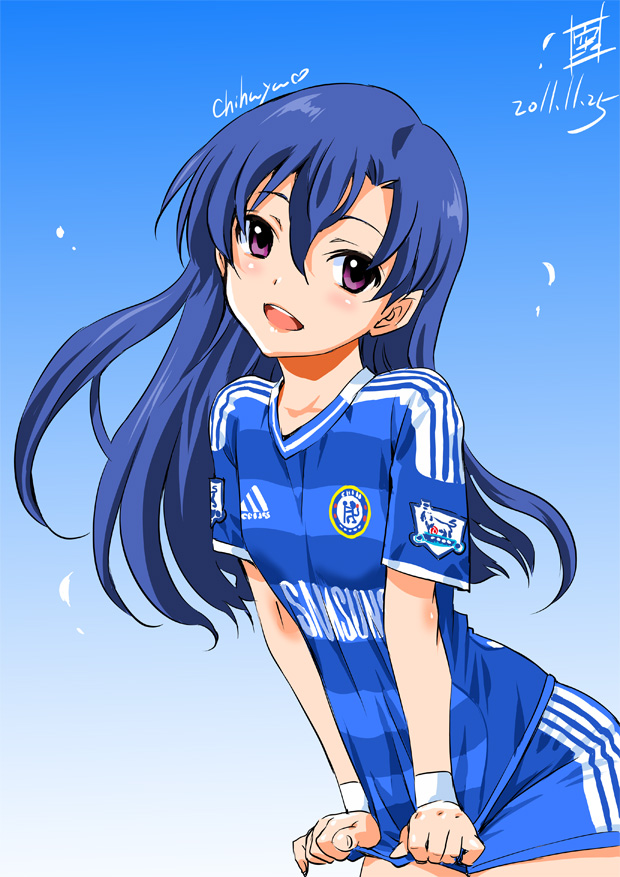 adidas, blue_hair, blush, chelsea_fc, dated, idolmaster, inoue_sora, kisaragi_chihaya, long_hair, purple_eyes, shirt_tug, shorts, soccer_uniform, solo, sweatband, violet_eyes