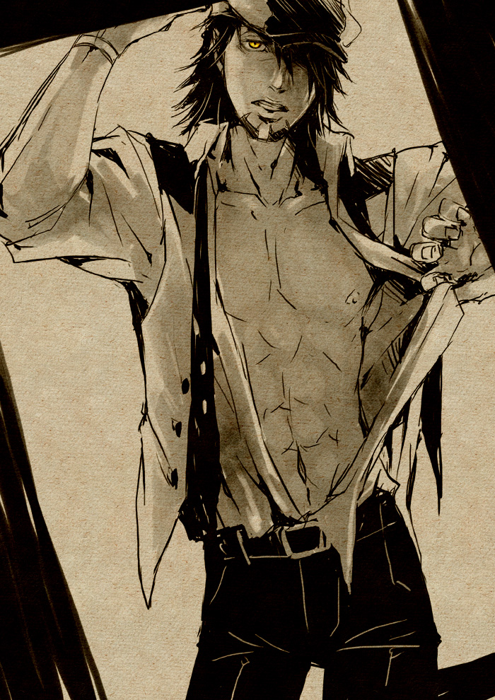 abs, cabbie_hat, facial_hair, hat, kaburagi_t_kotetsu, male, mochinu, muscle