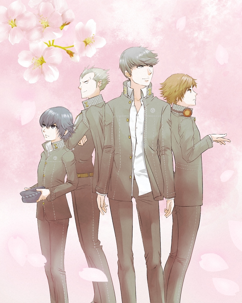 3boys, androgynous, bangs, belt, black_eyes, blue_eyes, blue_hair, brown_eyes, brown_hair, cabbie_hat, crossdressinging, crossed_arms, earrings, flower, folded_arms, grey_eyes, grey_hair, hanamura_yousuke, hat, headphones, headphones_around_neck, jacket, jacket_on_shoulders, jewelry, jolly_roger, kamaboko_(km), lips, looking_away, loose_shirt, multiple_boys, narukami_yuu, odd_one_out, pants, persona, persona_4, piercing, reverse_trap, scar, school_uniform, shirogane_naoto, short_hair, smile, spiked_hair, spiky_hair, standing, tatsumi_kanji, tomboy, widow's_peak, widow's_peak
