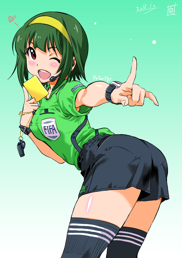 adidas, ass, bent_over, breasts, dated, green_hair, hairband, headset, idolmaster, inoue_sora, open_mouth, otonashi_kotori, pantylines, penalty_card, pointing, red_eyes, referee, short_hair, shorts, soccer_uniform, solo, sportswear, thigh-highs, thighhighs, watch, whistle, wink, wristwatch, yellow_card