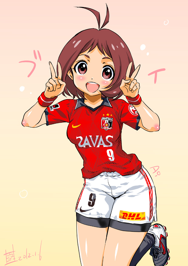 antenna_hair, blush_stickers, bob_cut, breasts, brown_eyes, brown_hair, cleats, double_v, hidaka_ai, idolmaster, idolmaster_dearly_stars, inoue_sora, open_mouth, short_hair, shorts, soccer_uniform, solo, urawa_red_diamonds, v, wristband