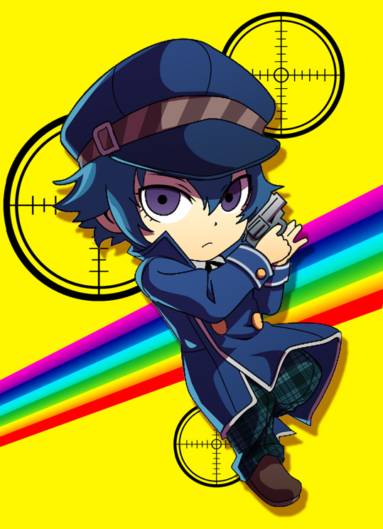 androgynous, bad_id, blue_eyes, blue_hair, cabbie_hat, chibi, coat, crossdressinging