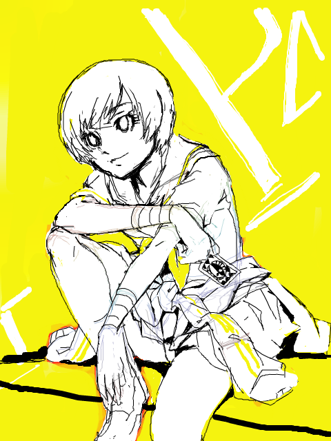 card, jacket_around_waist, jacket_tied_around_waist, looking_away, monochrome, oekaki, persona, persona_4