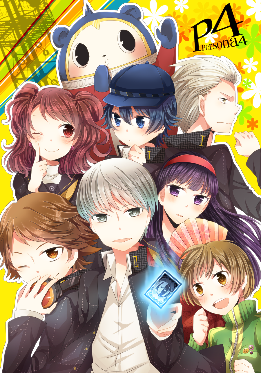 4girls, :d, amagi_yukiko, amnos18, badge, bear, black_eyes, blonde_hair