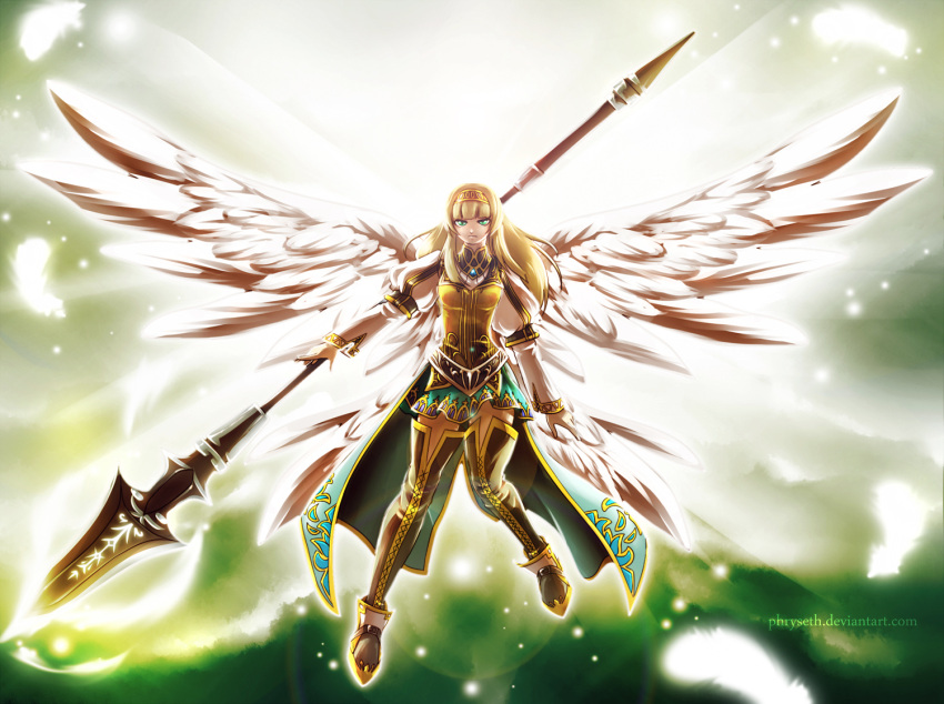 alicia_(valkyrie_profile_2), angel_wings, blonde_hair, blue_eyes, boots, feathers, hairband, high_boots