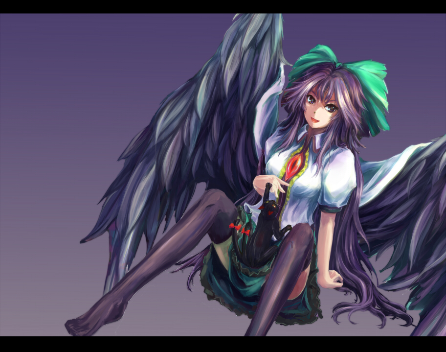 black_hair, black_legwear, bow, cape, cat, dress_shirt, feathered_wings, hair_bow