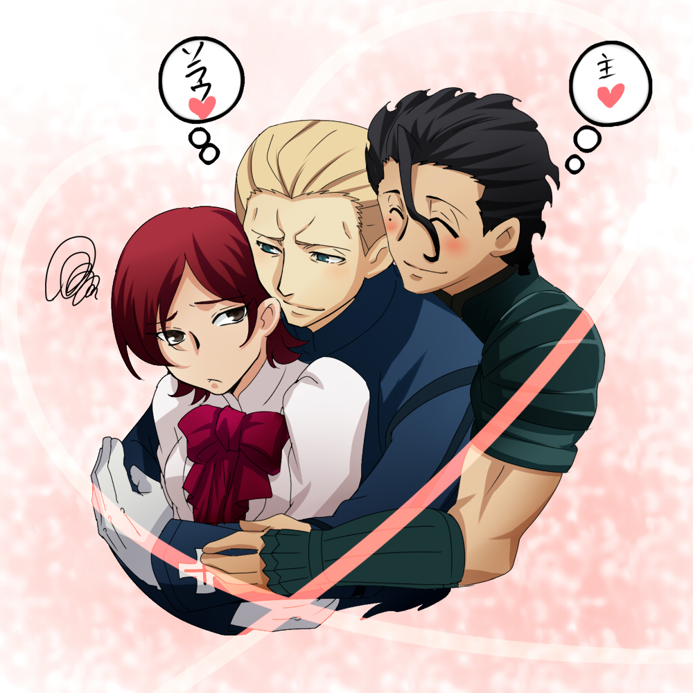 2boys, ^_^, ahoge, black_eyes, black_hair, blonde_hair, blue_eyes, blush